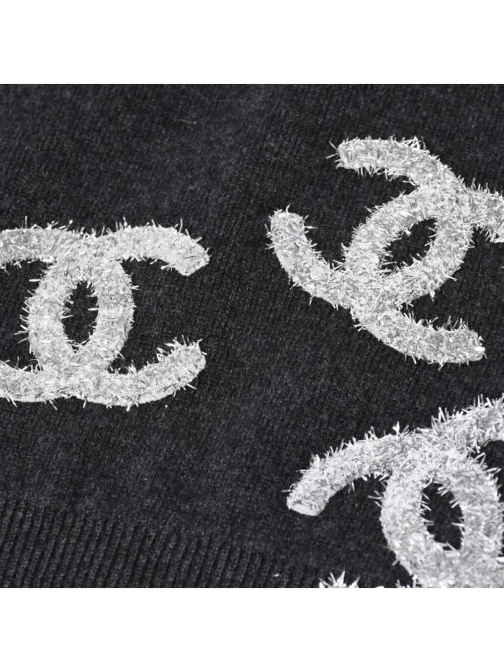 Chanel Cashmere Knit Cardigan CC Logo Glitter Charcoal 38